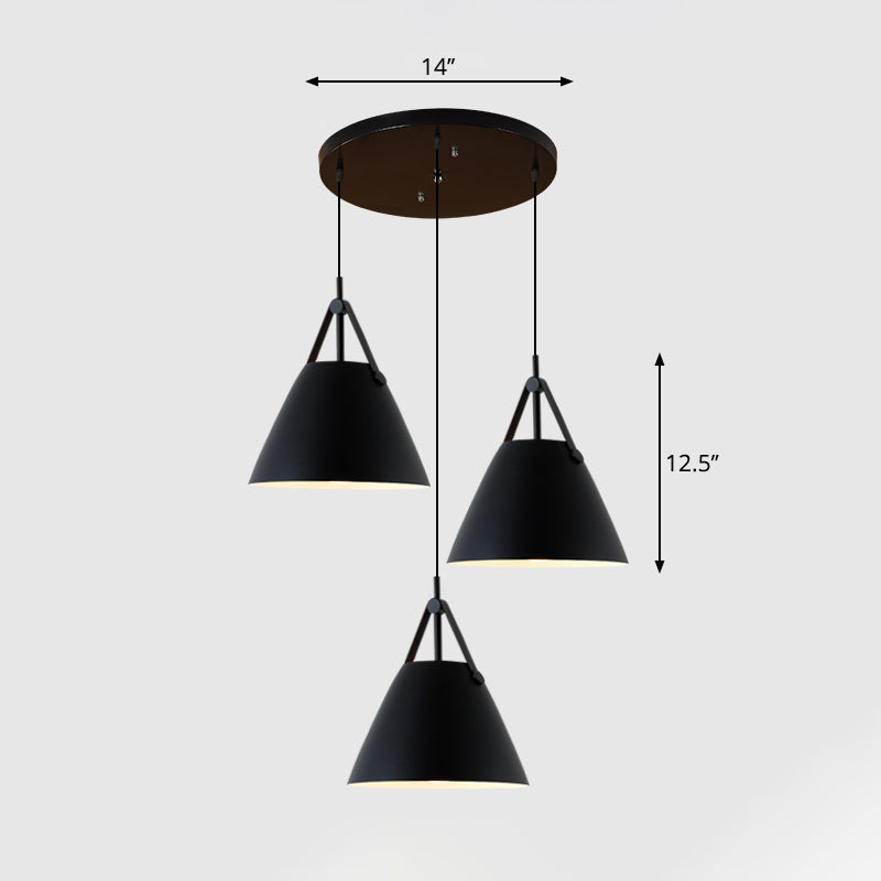 Nordic 3 Lights Cluster Pendant Conical Hanging Light with Metal Shade and Leather Strap