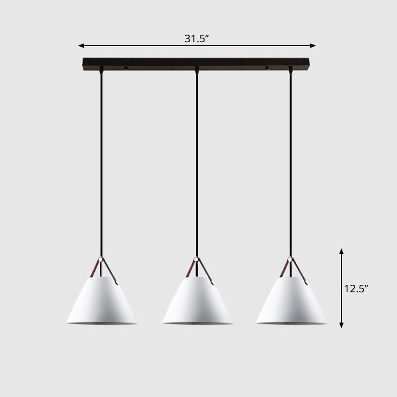 Nordic 3 Lights Cluster Pendant Conical Hanging Light with Metal Shade and Leather Strap