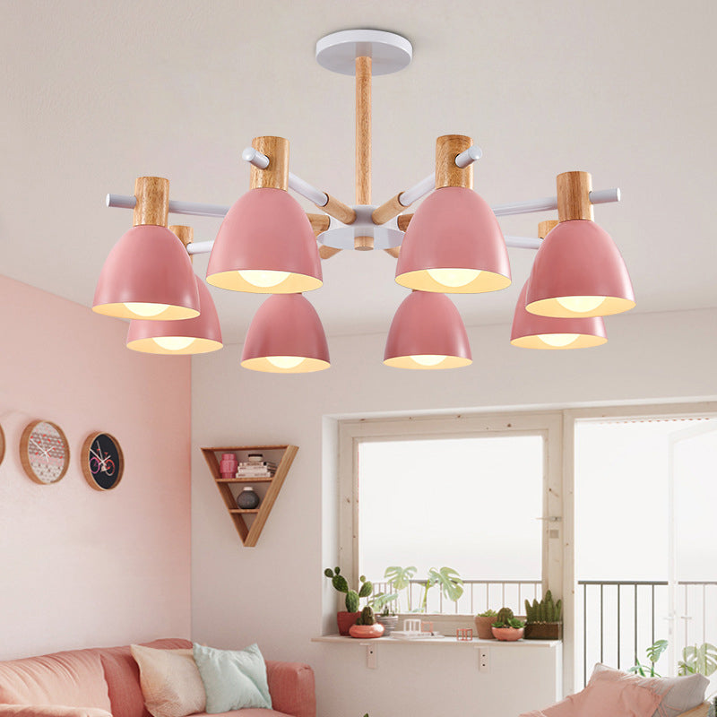 Bell Shaped Living Room Chandelier Metal Macaron Style Ceiling Hang Light with Wood Accents