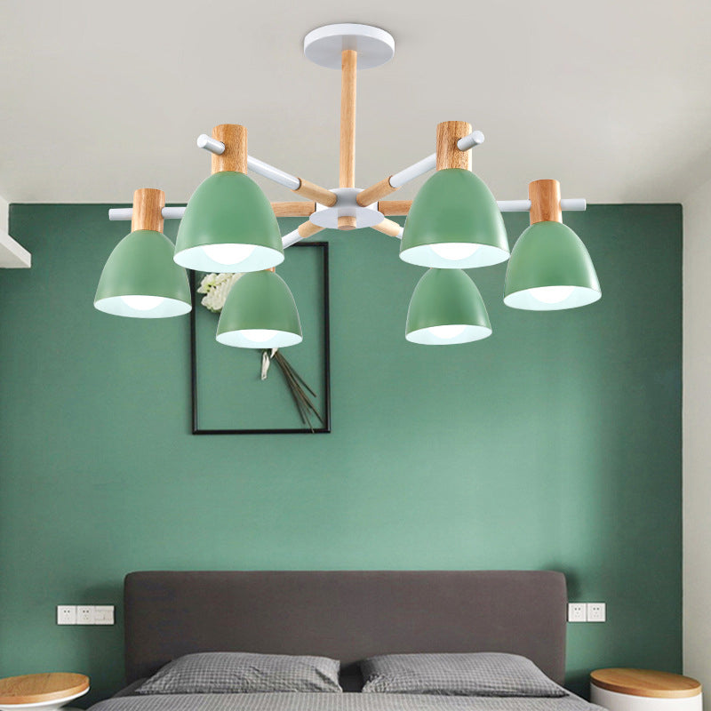 Bell -vormige woonkamer kroonluchter metalen macaron -stijl plafond hang licht met houten accenten