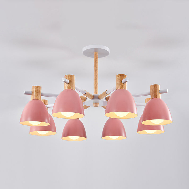 Bell Shaped Living Room Chandelier Metal Macaron Style Ceiling Hang Light with Wood Accents