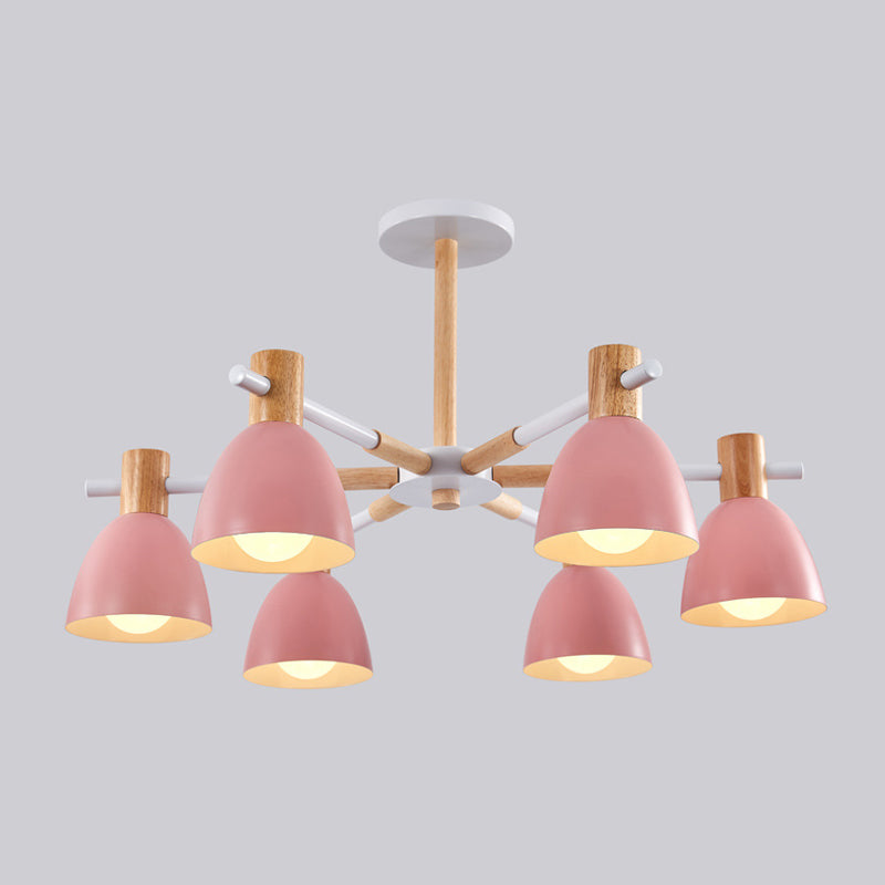 Bell Shaped Living Room Chandelier Metal Macaron Style Ceiling Hang Light with Wood Accents