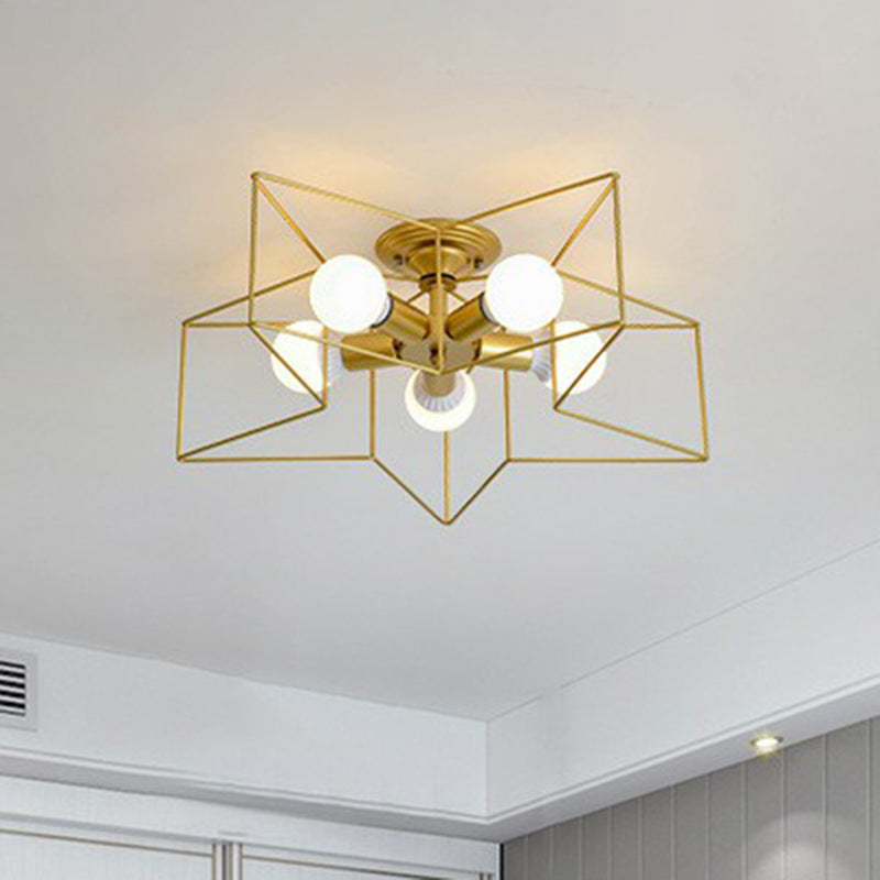 5 Bulbs Pentagram Cage Semi Flush Mounted Lamp Modern Metal Ceiling Light Fixture for Bedroom