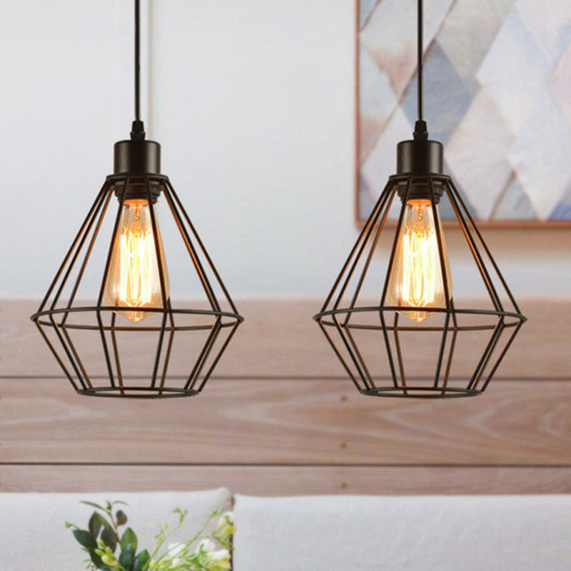 Iron Cage Pendant Lighting Fixture Farmhouse 1 Head Dining Room Suspension Lamp in Black