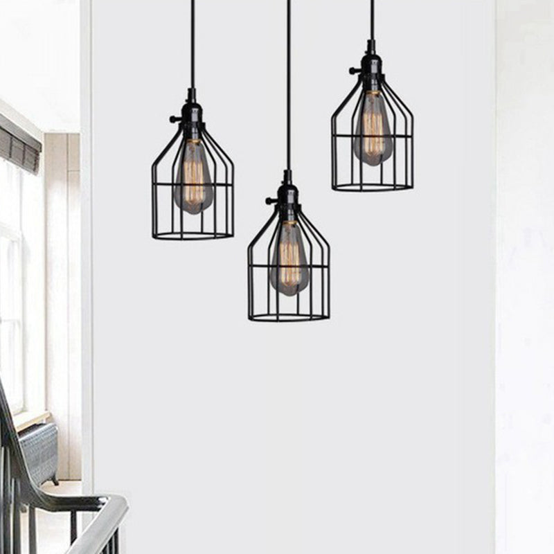 Iron Cage Pendant Lighting Fixture Farmhouse 1 Head Dining Room Suspension Lamp in Black