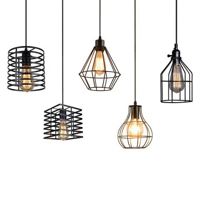 Iron Cage Pendant Lighting Fixture Farmhouse 1 Head Dining Room Suspension Lamp in Black