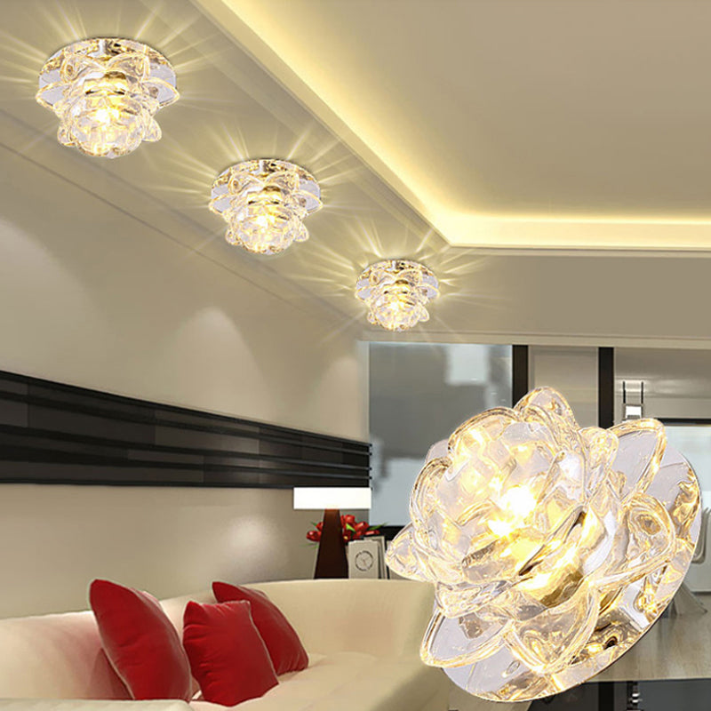 Crystal Lotus Ceiling Mounted Lamp Contemporary Clear LED Flush Light for Living Room