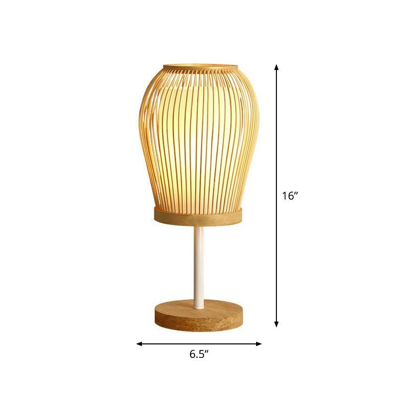 Wood Cage Night Lamp Nordic Single-Bulb Bamboo Table Light with Fabric Inner Shade