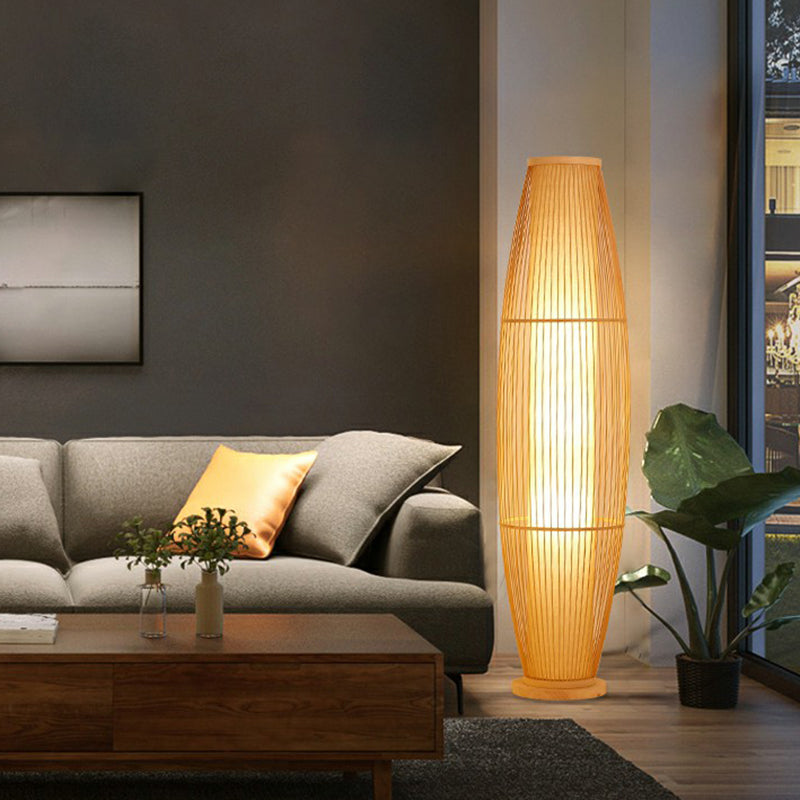 1-Head Living Room Floor Light Modern Wood Standing Lamp with Oval Bamboo Cage Shade