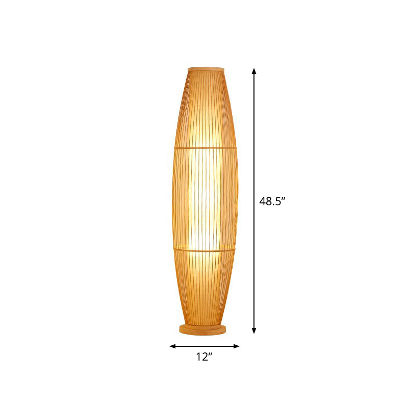 1-Head Living Room Floor Light Modern Wood Standing Lamp with Oval Bamboo Cage Shade