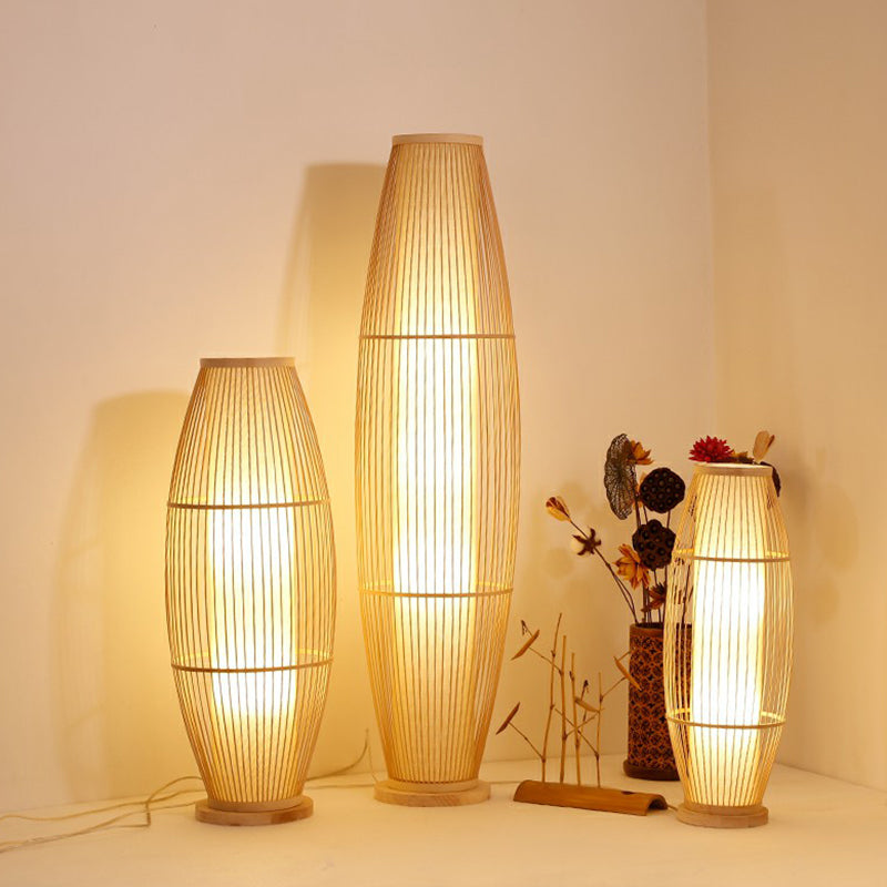 1-Head Living Room Floor Light Modern Wood Standing Lamp with Oval Bamboo Cage Shade