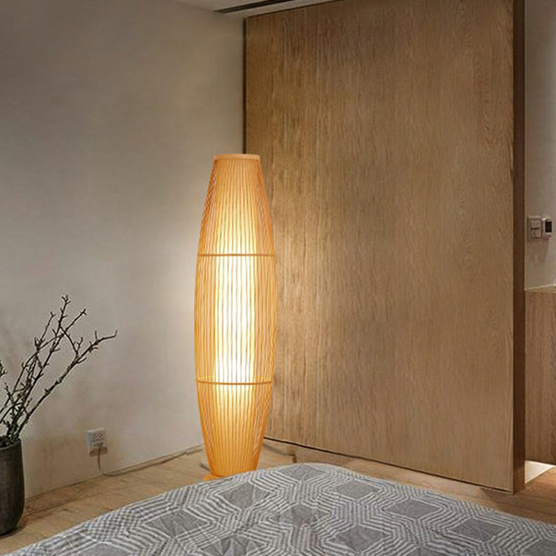 1-Head Living Room Floor Light Modern Wood Standing Lamp with Oval Bamboo Cage Shade