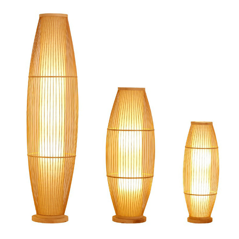 1-Head Living Room Floor Light Modern Wood Standing Lamp with Oval Bamboo Cage Shade