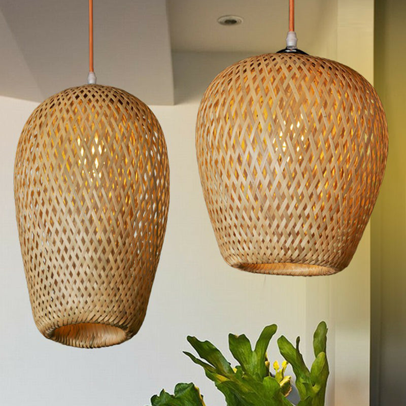 Chinese Hand-Weaving Hanging Light Bamboo 1 Head Living Room Pendulum Light in Beige