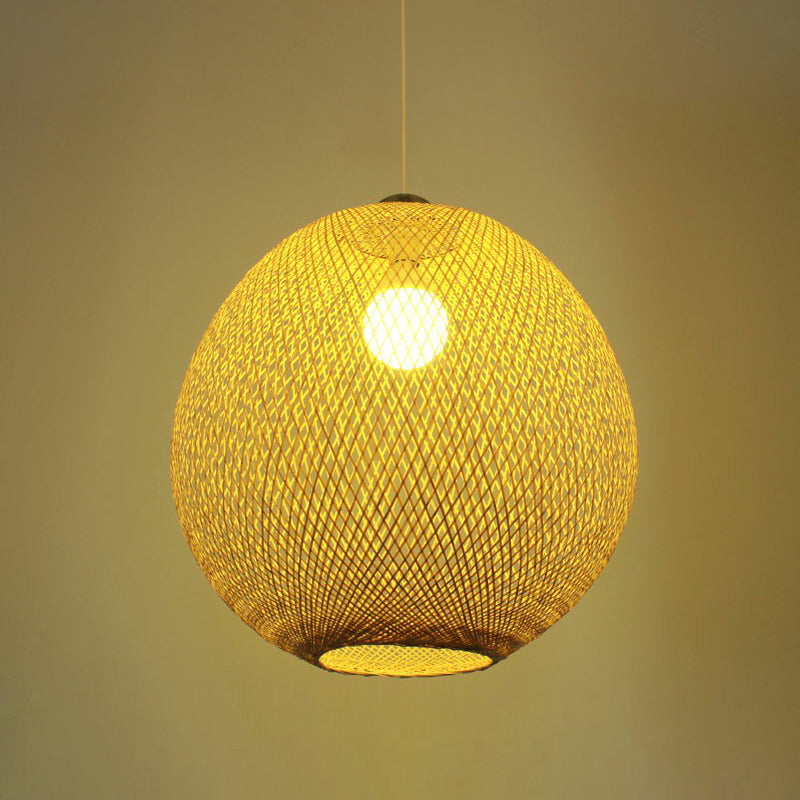 Beige Globe Pendant Light Fixture Chinese 1 Bulb Bamboo Suspension Lighting for Living Room