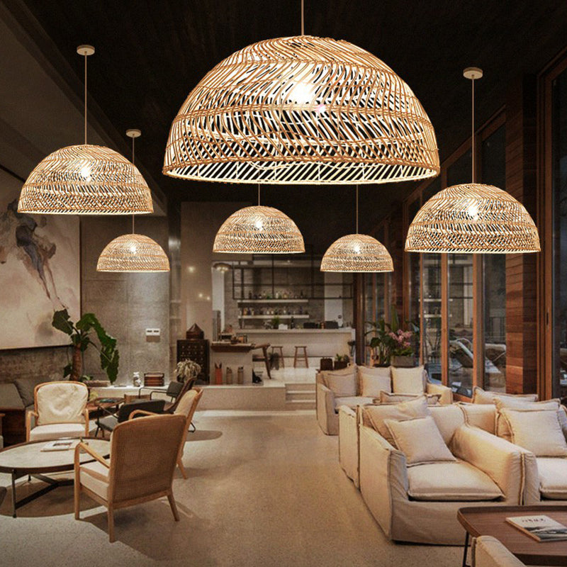Half-Sphere Pendant Lighting Modern Bamboo Fiber 1-Light Dining Room Suspension Light