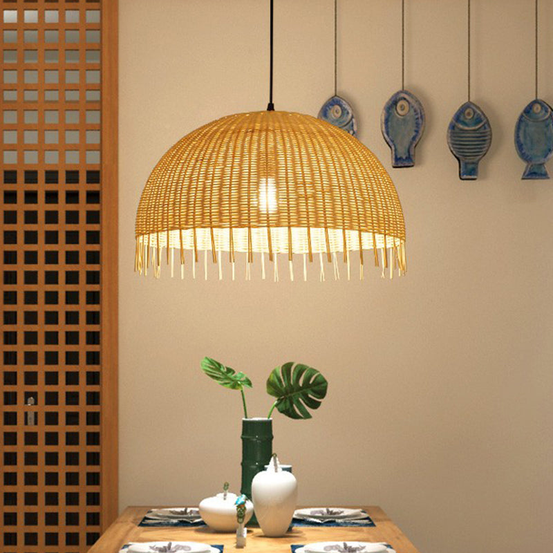 Minimalist 1 Head Down Lighting Wood Unfinished-Look Dome Pendant Light with Bamboo Shade