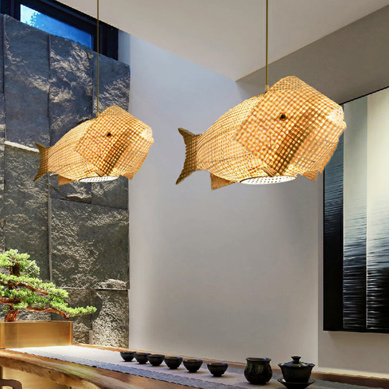 Fish-Shape Restaurant Pendant Light Bamboo Single-Bulb Asian Hanging Light in Wood