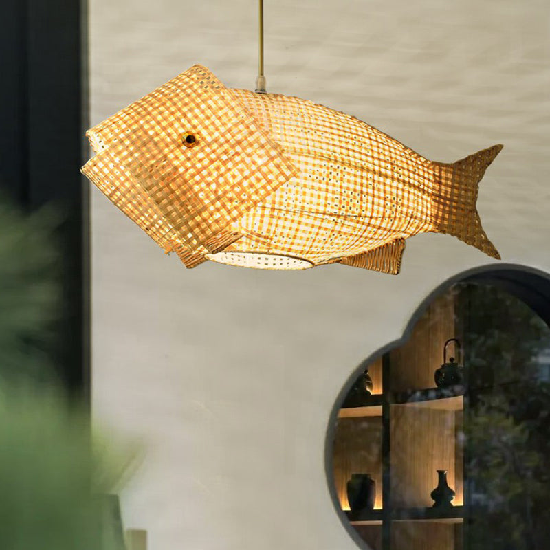 Fish-Shape Restaurant Pendant Light Bamboo Single-Bulb Asian Hanging Light in Wood