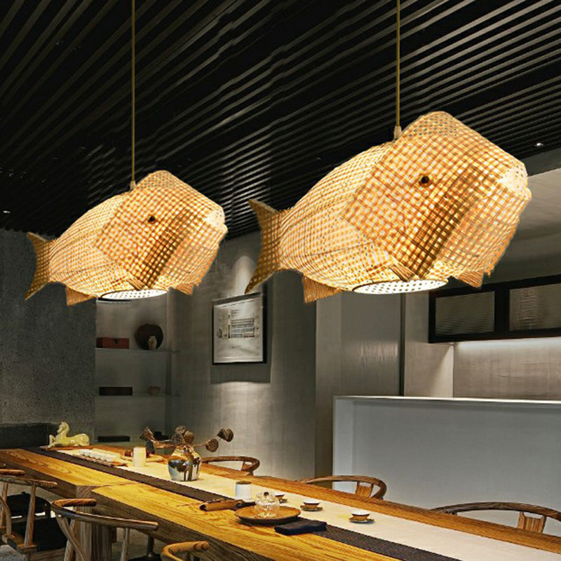 Fish-Shape Restaurant Pendant Light Bamboo Single-Bulb Asian Hanging Light in Wood