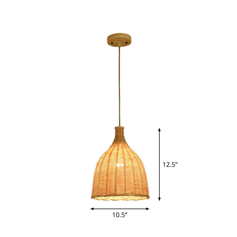 Asia 1 Bulb Down Lighting Pendant Beige Droplet-Like Hanging Lamp with Bamboo Shade