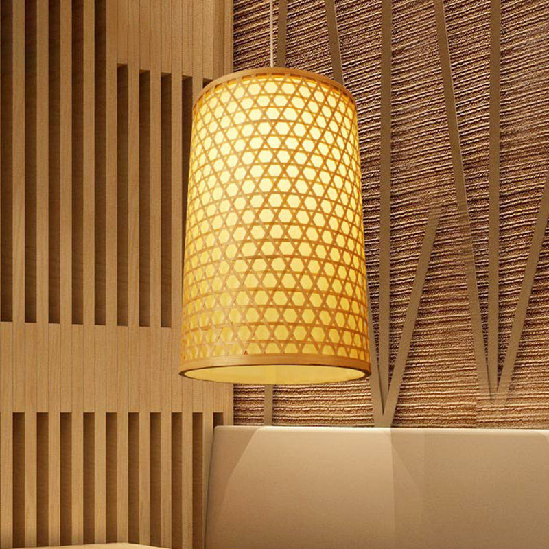 1 Bulb Restaurant Assicante Luce a soffitto Simplicità BEIGE Pendulum Light con tonalità di bambù cilindro