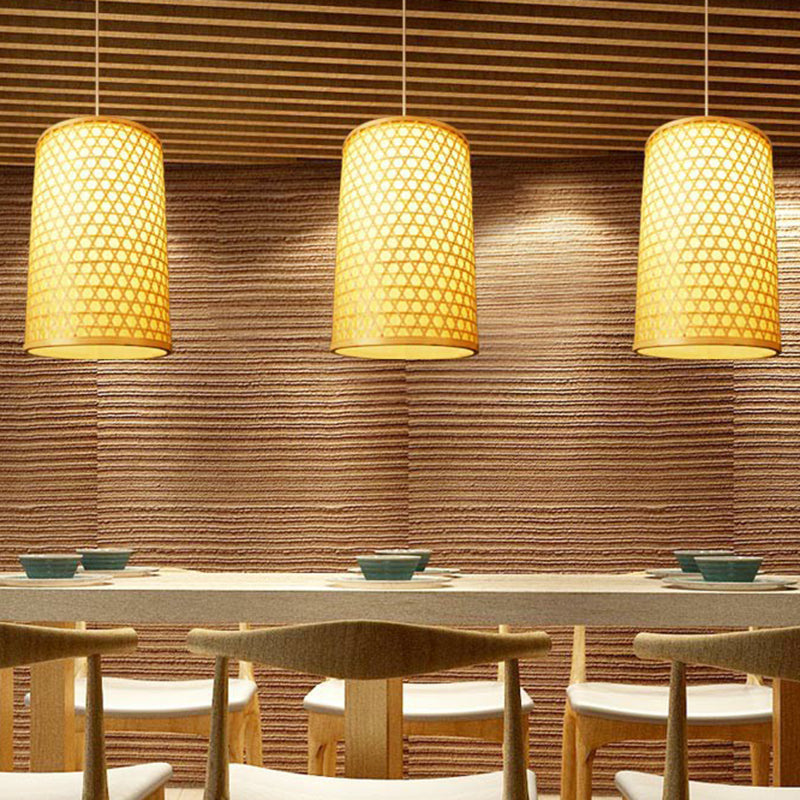 1 Bulb Restaurant Assicante Luce a soffitto Simplicità BEIGE Pendulum Light con tonalità di bambù cilindro