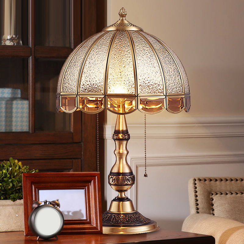 Hemispherical Bedroom Table Light Antique Textured Glass 1-Light Bronze Nightstand Lamp with Pull Switch