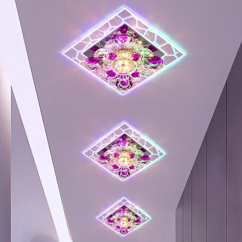 Flower Crystal Square Ceiling Lamp Contemporary Clear LED Flush Mounted Lamp for Hall