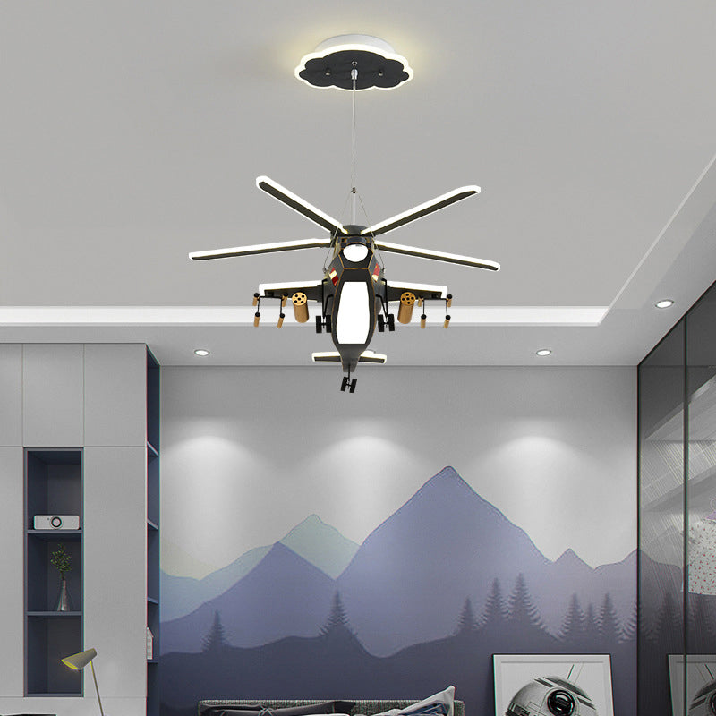 Childrens Military Helicopter LED Chandelier Acrylic Boys Room Hanging Light in Black