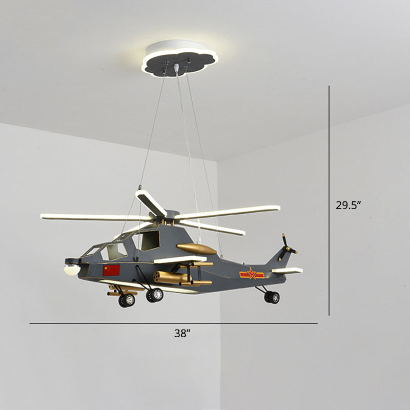 Childrens Military Helicopter LED Chandelier Acrylic Boys Room Hanging Light in Black