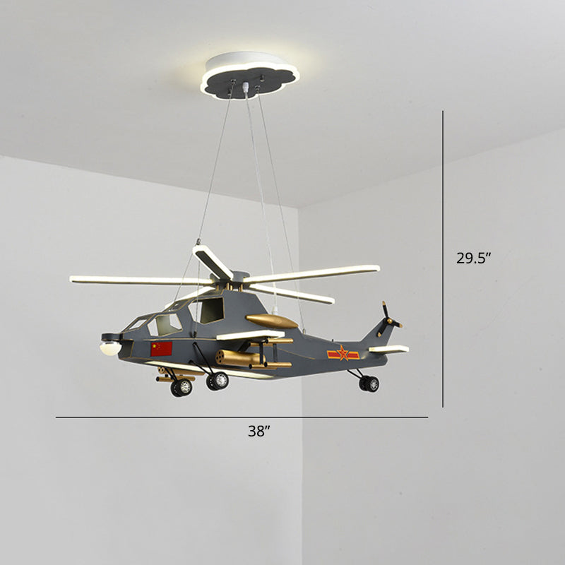 Childrens Military Helicopter LED Chandelier Acrylic Boys Room Hanging Light in Black