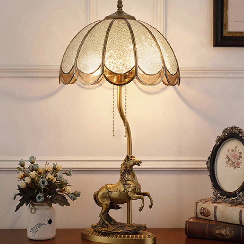 Brass 2-Light Table Light Vintage Water Glass Scalloped Night Lamp with Pull Chain and Horse Deco