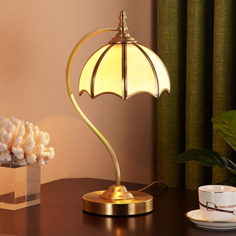 Simplicity Umbrella Shaped Table Lamp 1 Head Frosted Glass Night Lighting with Gooseneck Arm in Brass