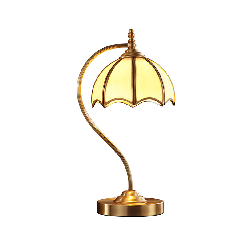 Simplicity Umbrella Shaped Table Lamp 1 Head Frosted Glass Night Lighting with Gooseneck Arm in Brass