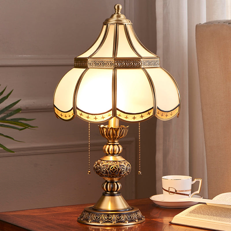 Brass Scalloped Night Stand Lamp Traditional White Glass 2-Bulb Bedroom Table Light with Pull Chain Switch