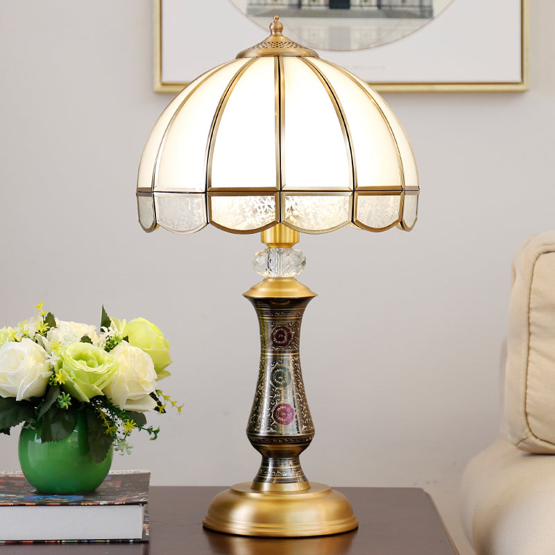 Single Dome Night Table Lamp Traditional Brass Opal Glass Nightstand Light with Scalloped Trim