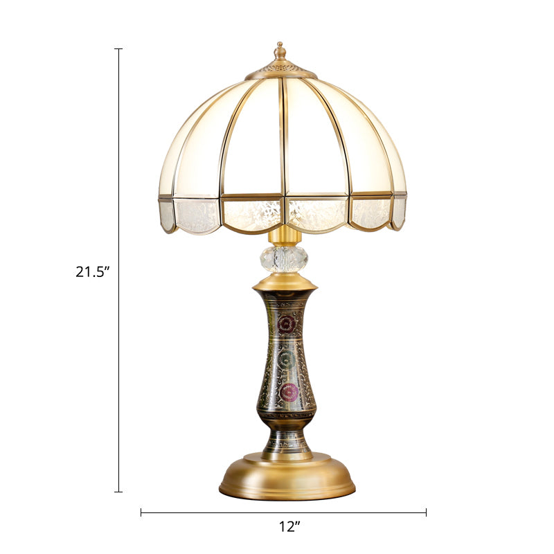 Single Dome Night Table Lamp Traditional Brass Opal Glass Nightstand Light with Scalloped Trim