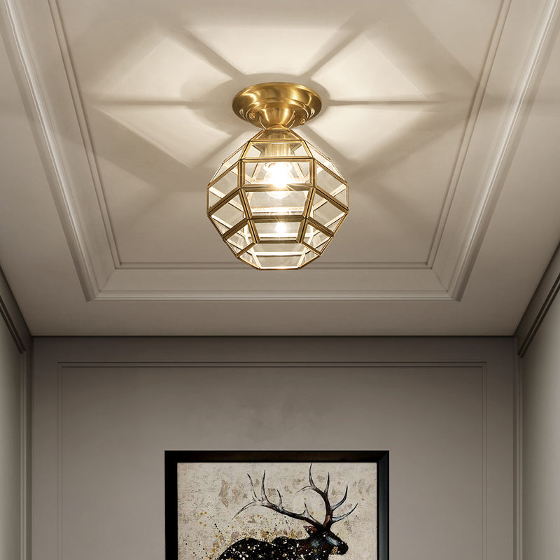 1 cabezal de panel de vidrio transparente de vidrio Luz vintage de oro de seis lados Aisle Semi Flush Mount Ceiling de techo