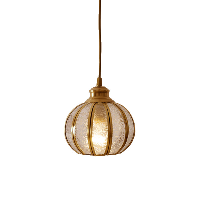 Frost Glass Pumpkin Ceiling Hanging Lantern Traditional 1 Head Bedside Pendant Light in Brass