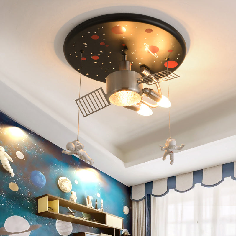 Satellite Metal Flush Ceiling Light Childrens 3-Bulb Flushmount Lighting with Astronaut Deco