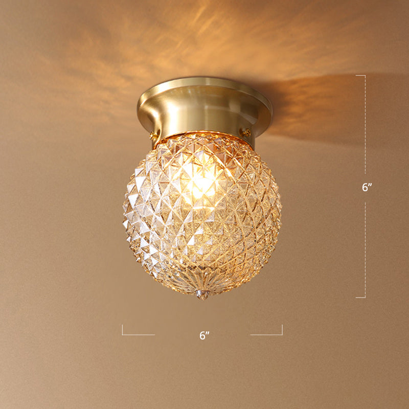 Brass Ball Flush Mount Light Country Clear Lattice Glass Single Corridor Semi Flush Ceiling Light