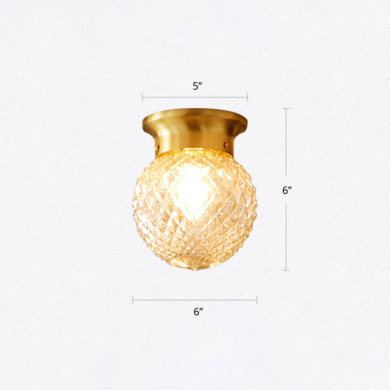 Brass Ball Flush Mount Light Country Clear Lattice Glass Single Corridor Semi Flush Ceiling Light