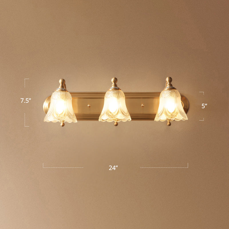 Gold Finish Floral Vanity Lighting Antique Semi-Opaque Glass Bathroom Wall Light Fixture