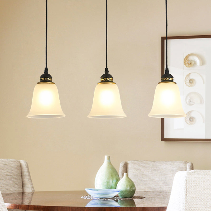 3-Head Bell Pendant Light Vintage Black Frosted Glass Multiple Hanging Lamp for Restaurant