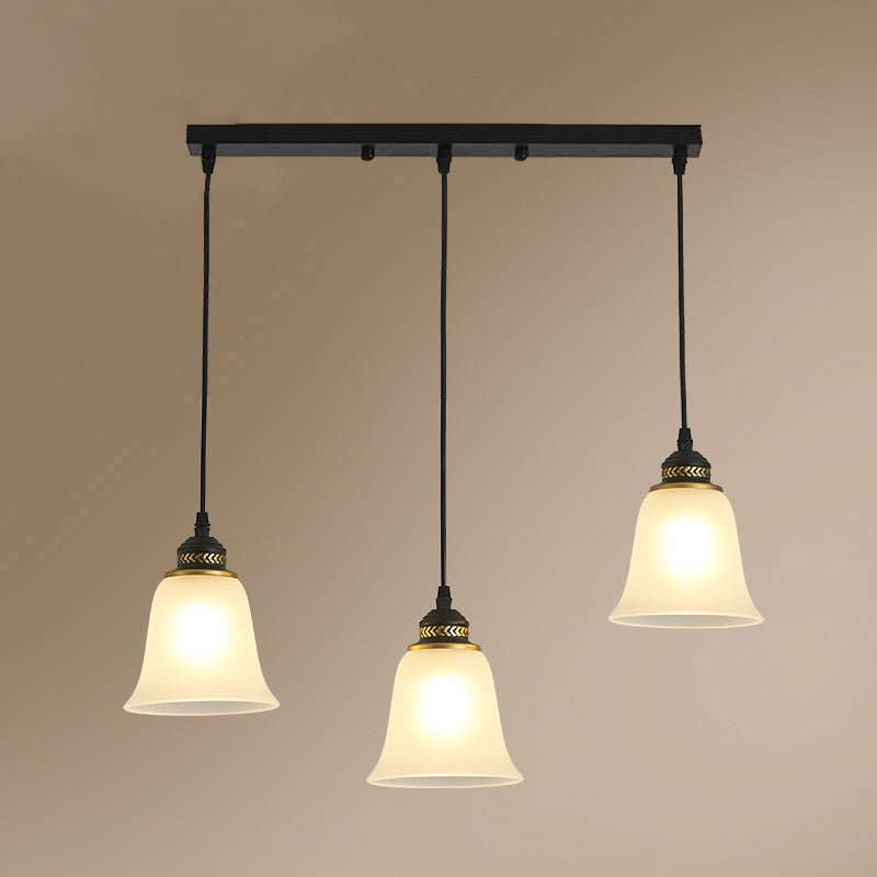 3-Head Bell Pendant Light Vintage Black Frosted Glass Multiple Hanging Lamp for Restaurant