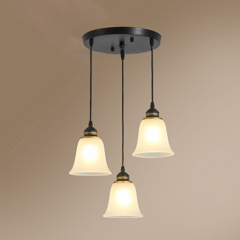 3-Head Bell Pendant Light Vintage Black Frosted Glass Multiple Hanging Lamp for Restaurant