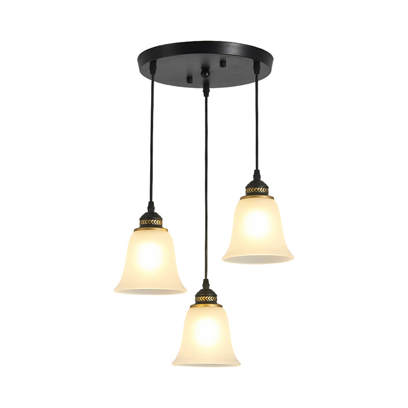 3-Head Bell Pendant Light Vintage Black Frosted Glass Multiple Hanging Lamp for Restaurant