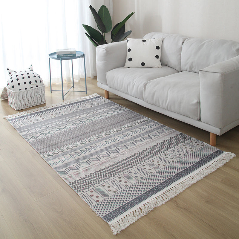 Casual Living Room Rug Multi Colored Geometric Printed Area Carpet Jute Stain-Resistant Handmade Indoor Rug with Tassel