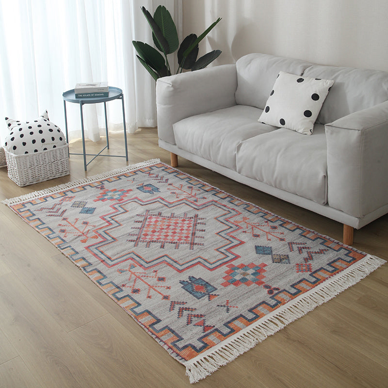 Casual Living Room Rug Multi Colored Geometric Printed Area Carpet Jute Stain-Resistant Handmade Indoor Rug with Tassel